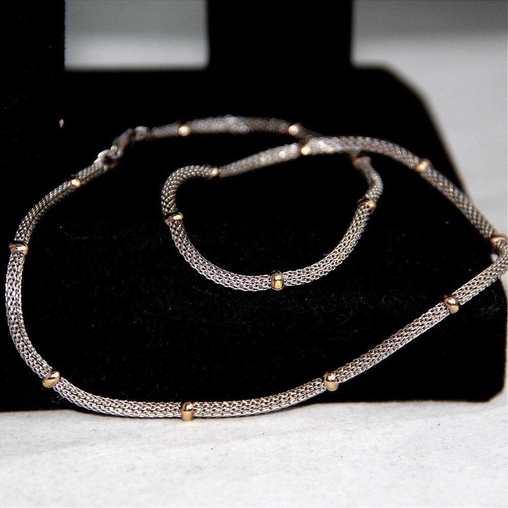 Sterling Silver Two Tone Mesh Popcorn Chain Necklace Gold Tone Bead Accents 16in - Picture 5 of 9